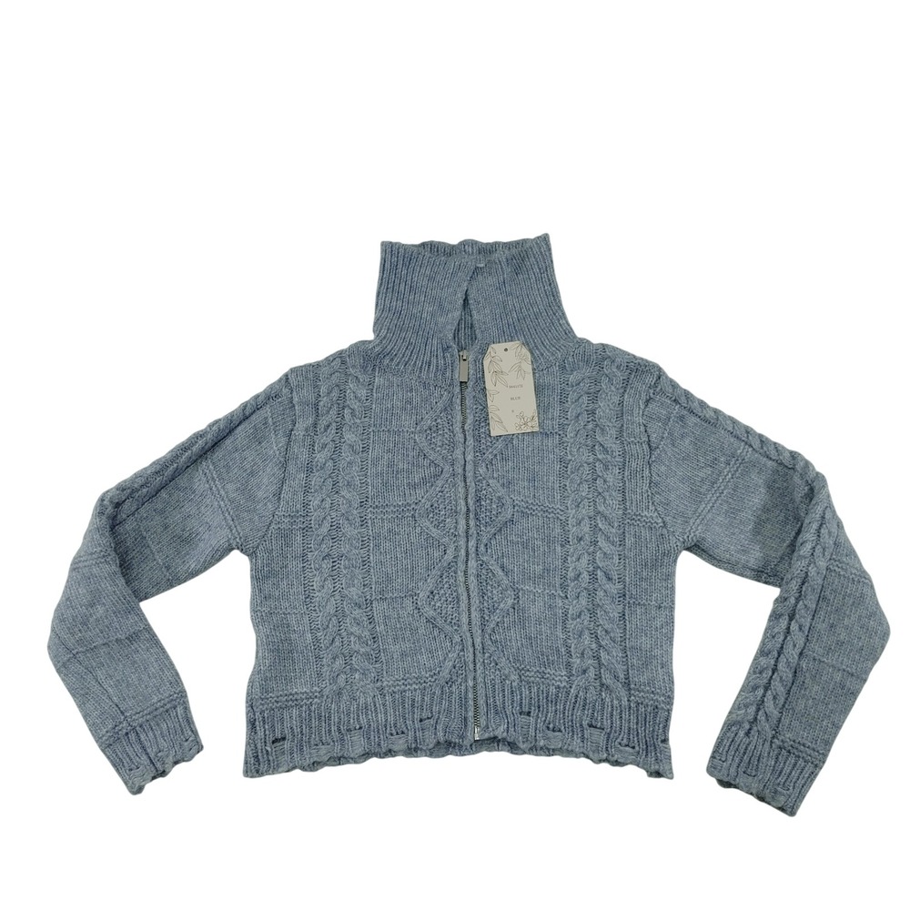 Willow & Wind Blue Cable Knit Full Zip Cropped Sweater Size S‎
